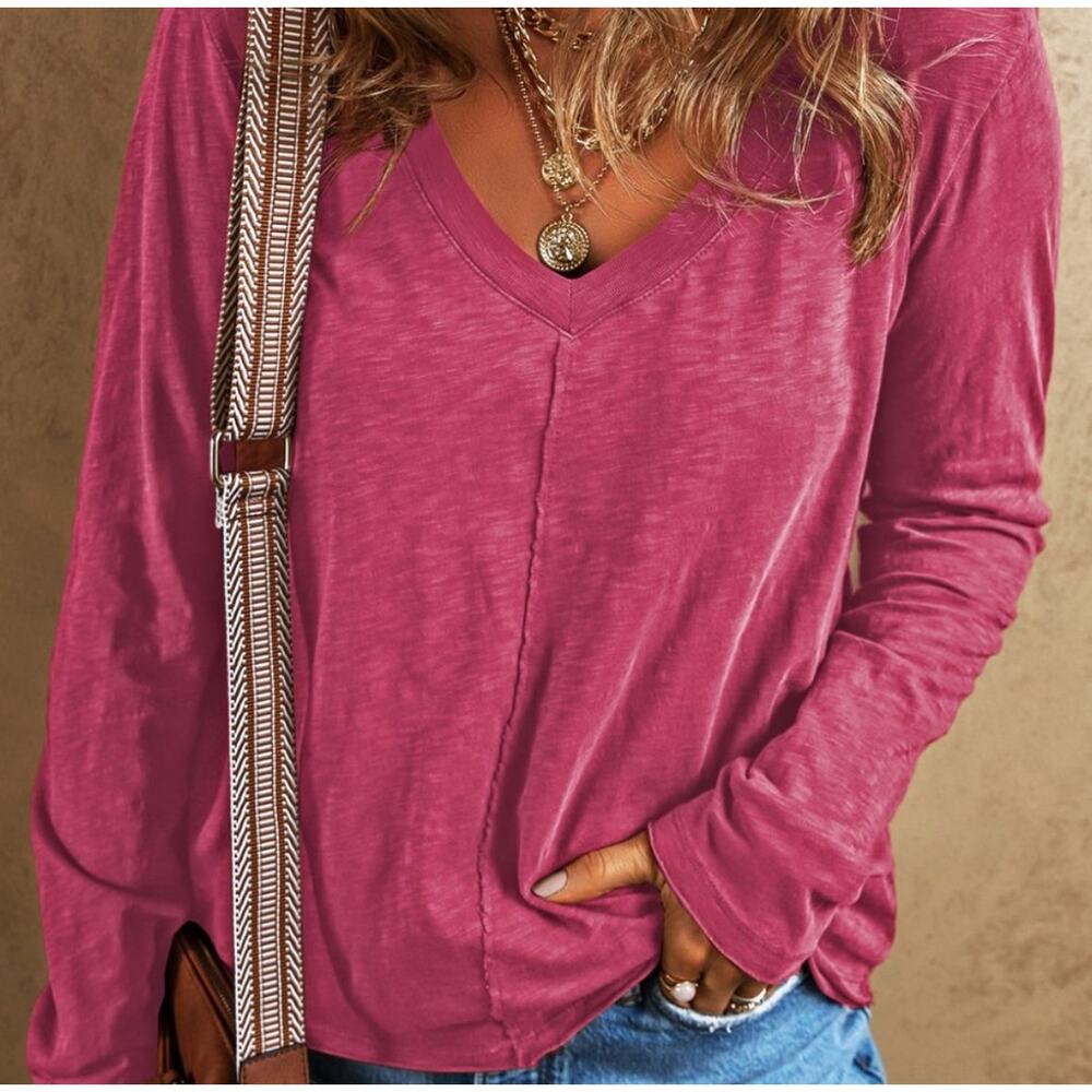 Laurel V-Neck Oversized‎ Exposed Seam Long Sleeve Boho T-Shirt NWOT WOMEN'S